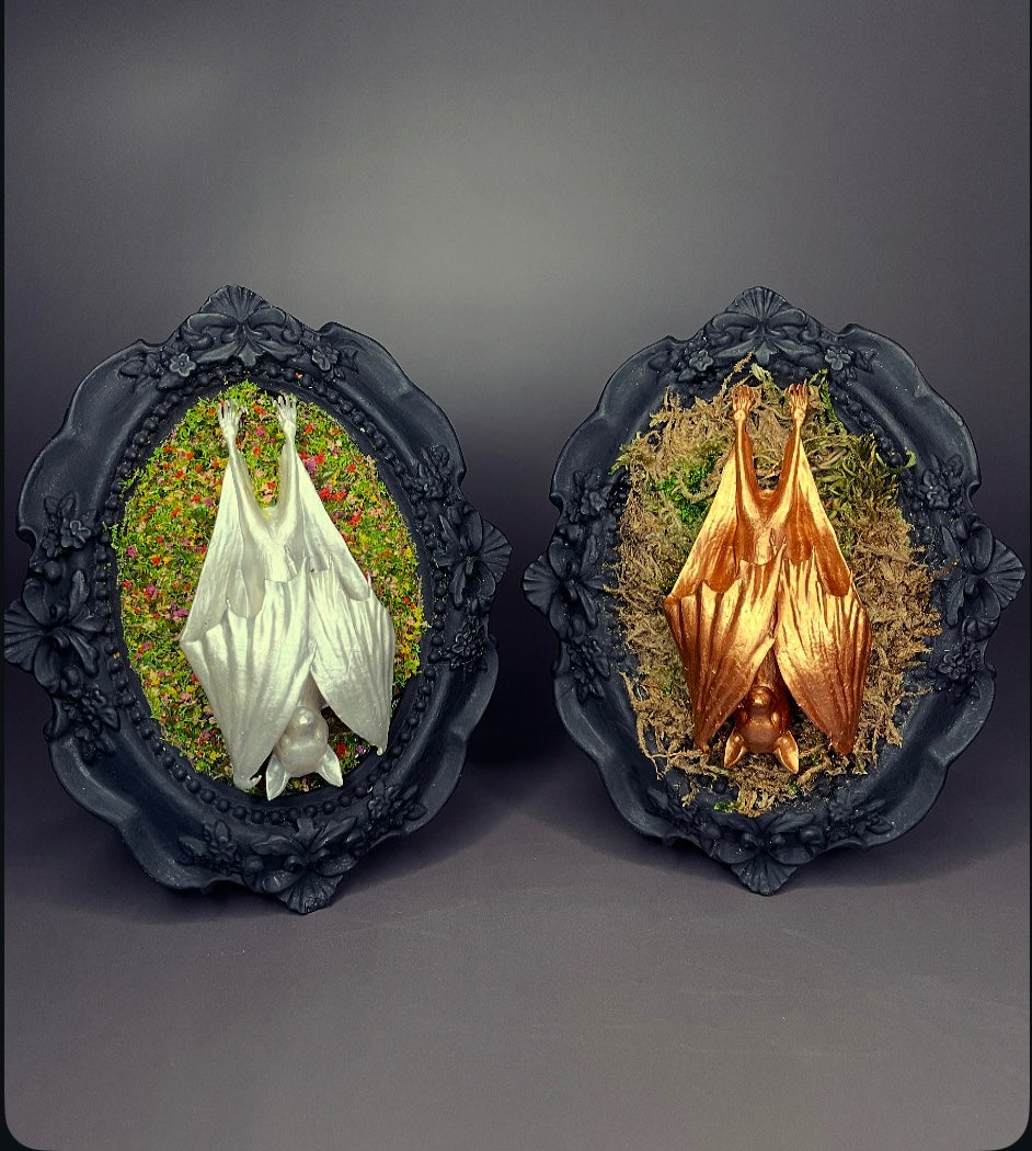 Framed Bat: Silver, Florals (Large)